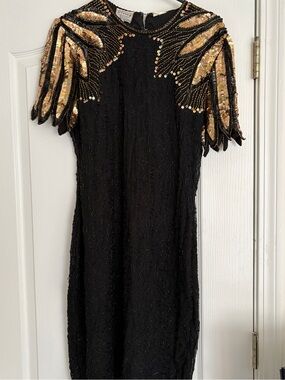Stenay Vintage Black Dress with Gold Sequin Wing Shoulders